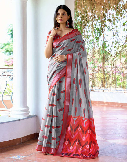 Grey Linen Ikkat Printed Saree