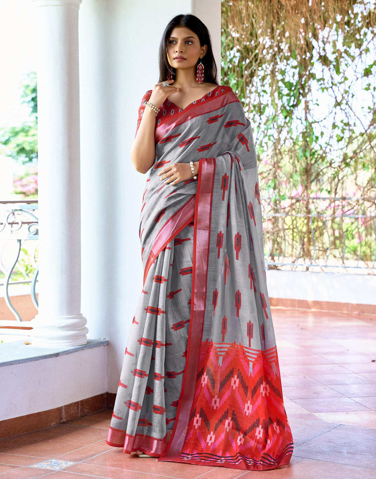 Grey Linen Ikkat Printed Saree