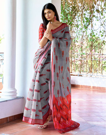 Grey Linen Ikkat Printed Saree