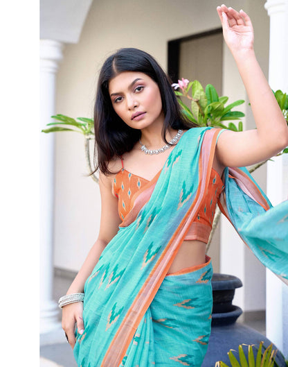 Blue Linen Ikkat Printed Saree