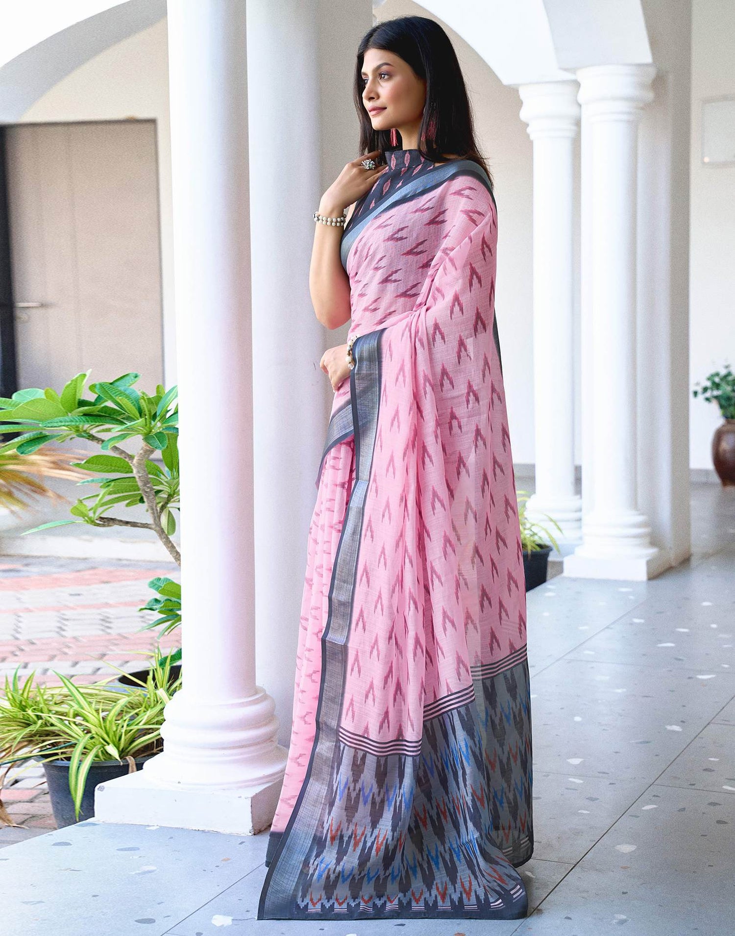 Light Pink Linen Ikkat Printed Saree