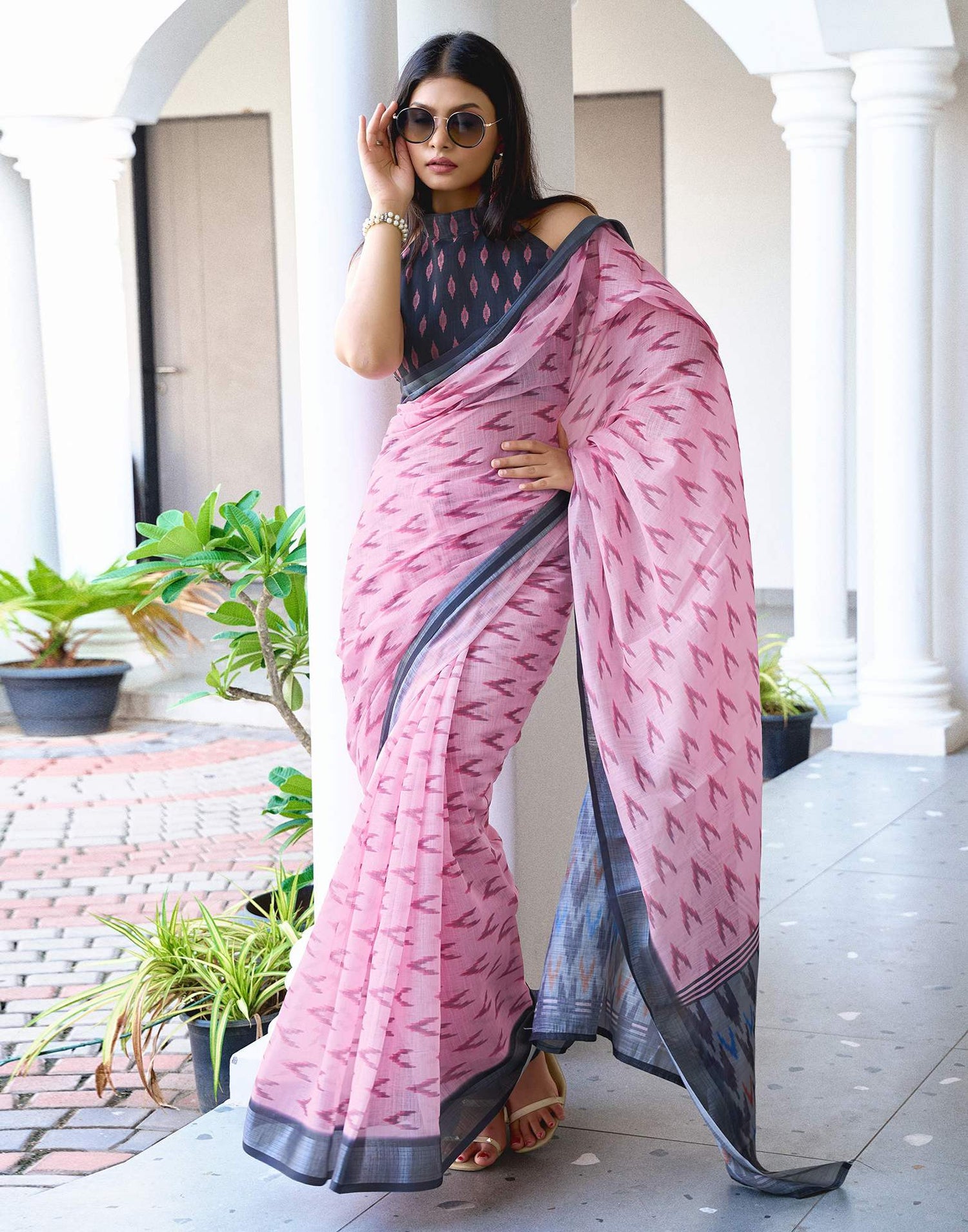 Light Pink Linen Ikkat Printed Saree
