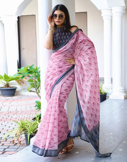 Light Pink Linen Ikkat Printed Saree