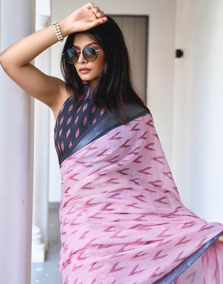 Light Pink Linen Ikkat Printed Saree