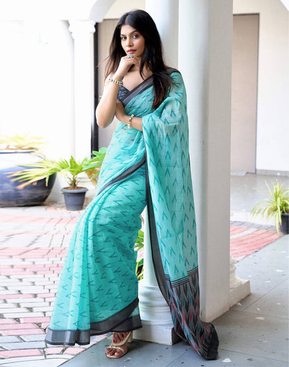 Turquoise Linen Ikkat Printed Saree