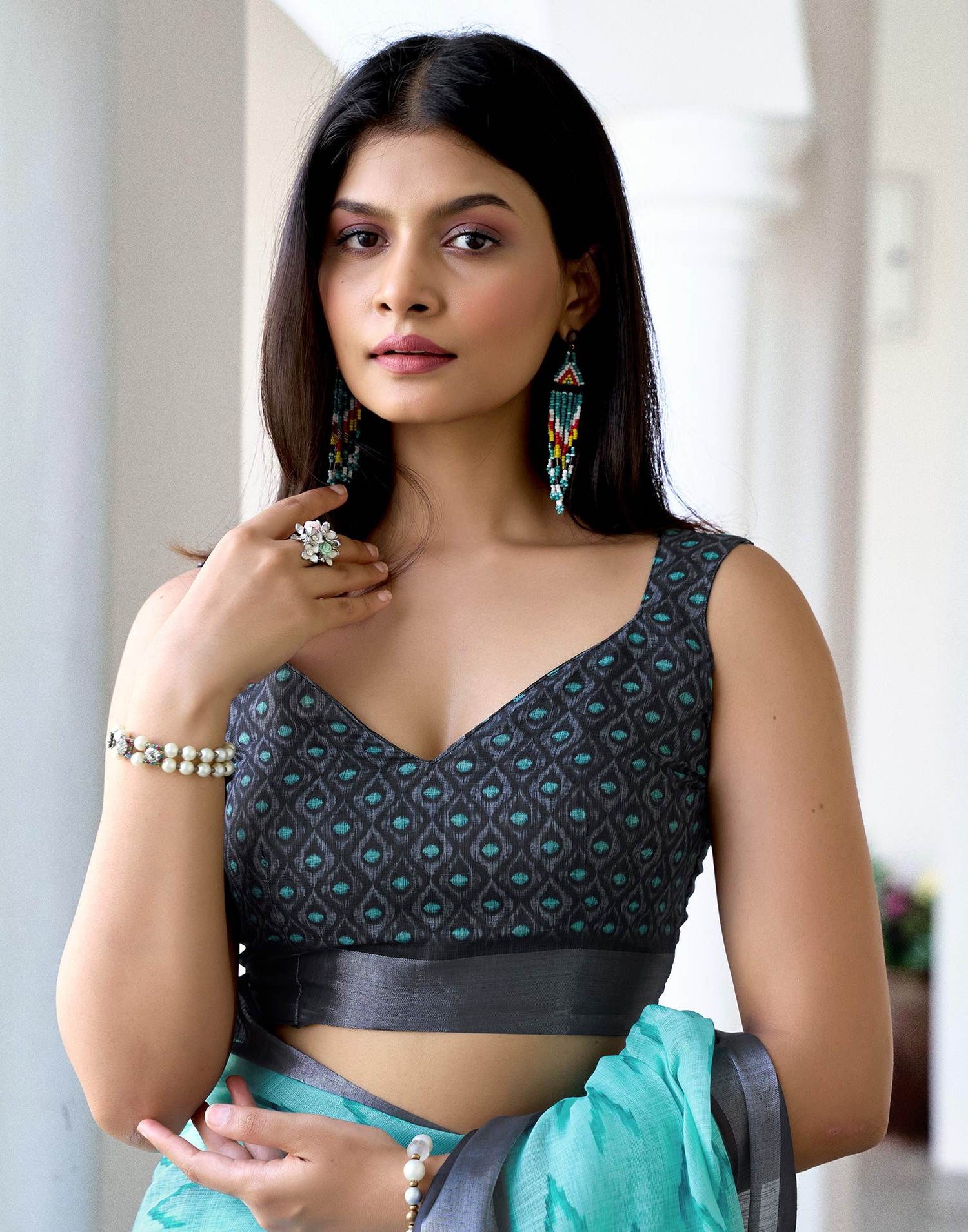 Turquoise Linen Ikkat Printed Saree