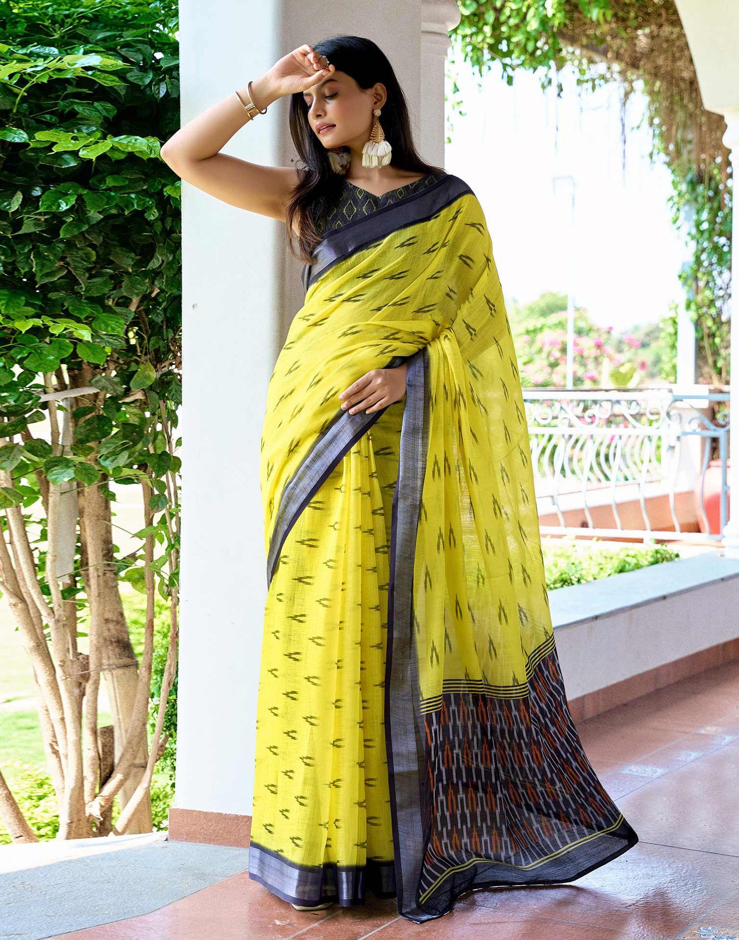 Yellow Linen Ikkat Printed Saree