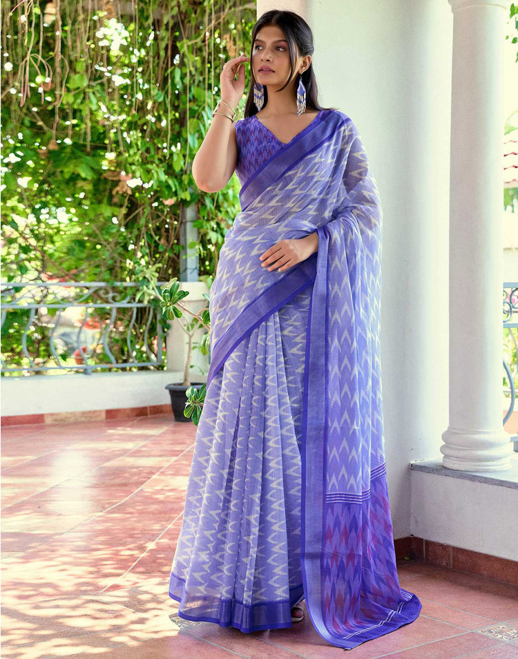 Blue Linen Ikkat Printed Saree
