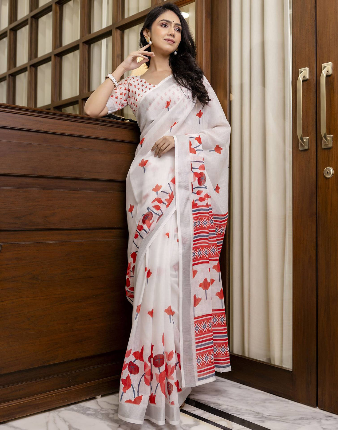 White Linen Floral Printed Saree