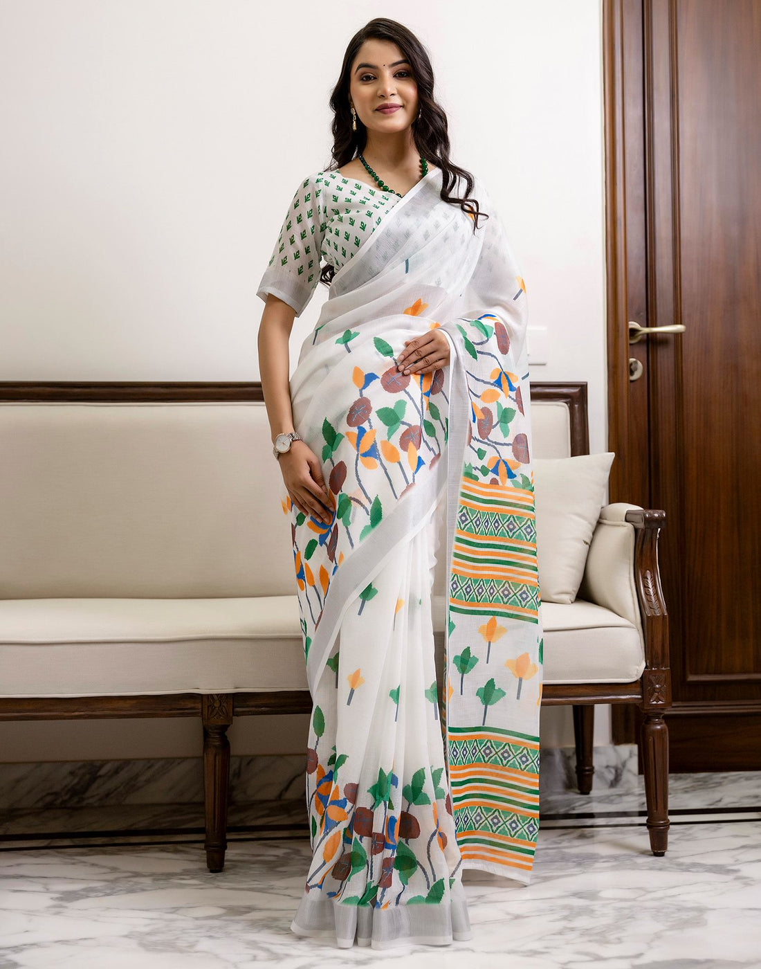 White Linen Floral Printed Jamdani Saree