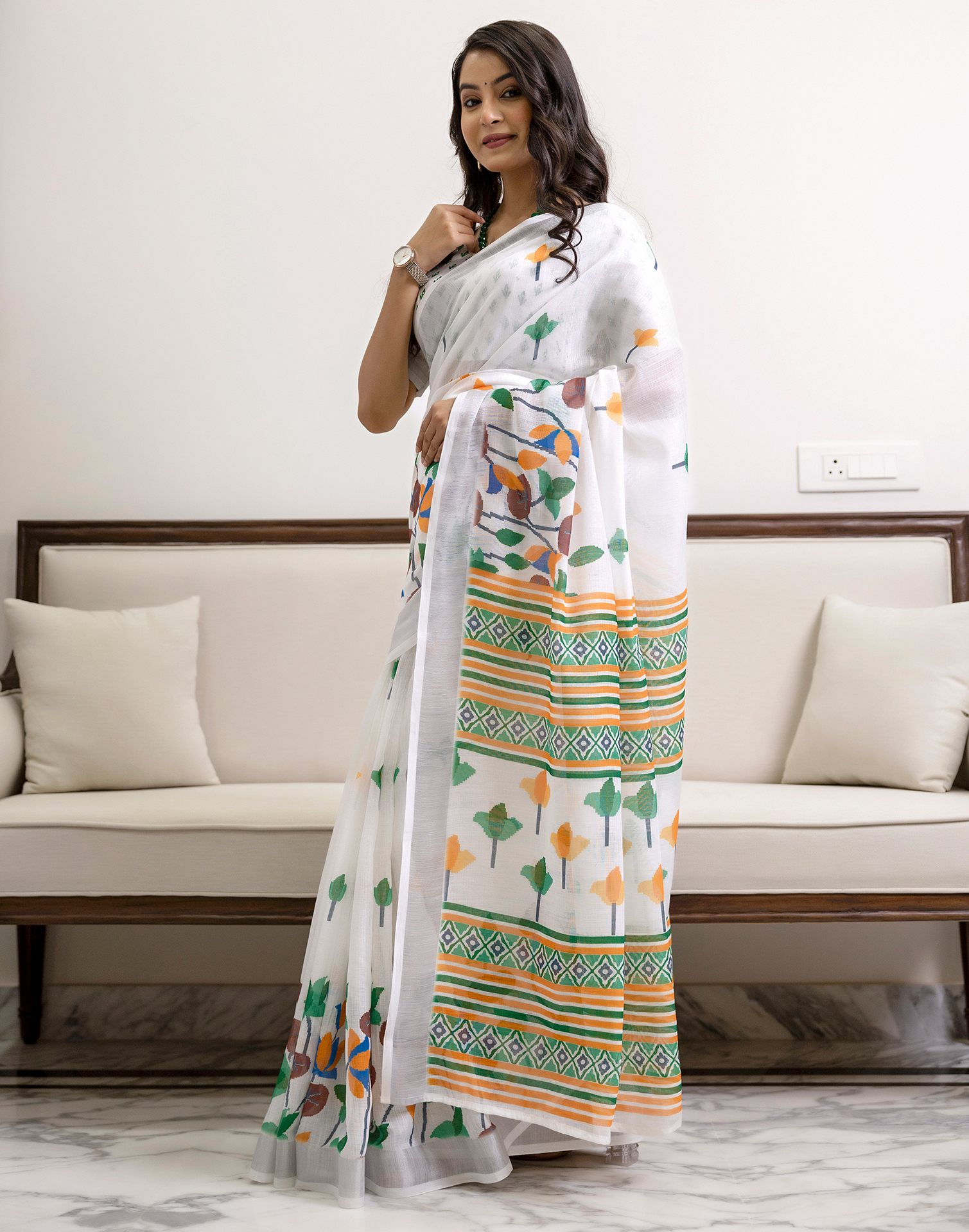White Linen Floral Printed Jamdani Saree