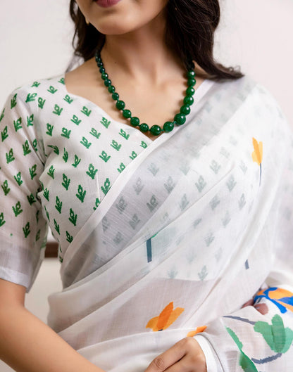 White Linen Floral Printed Jamdani Saree
