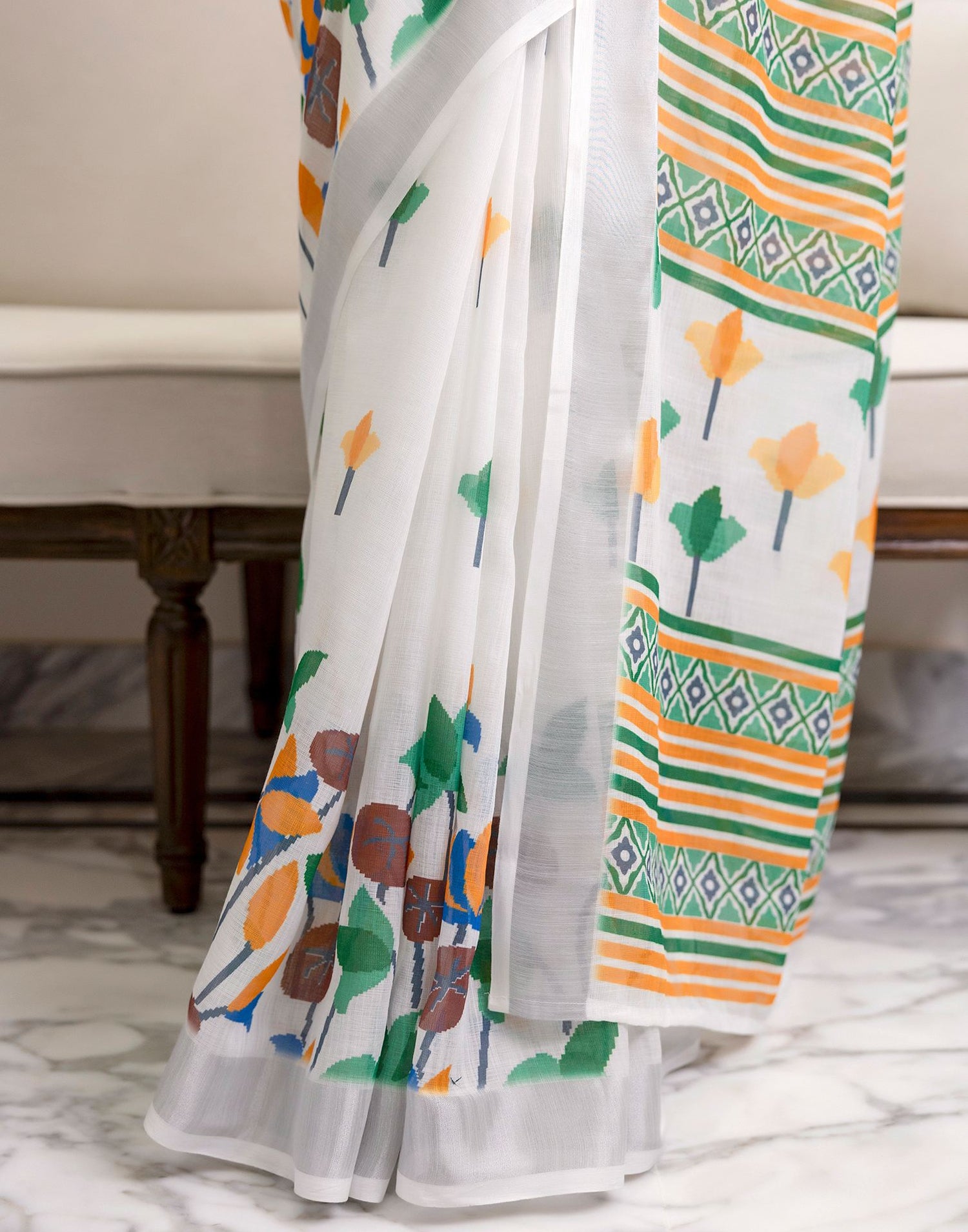 White Linen Floral Printed Jamdani Saree