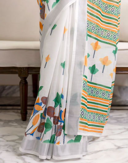 White Linen Floral Printed Jamdani Saree