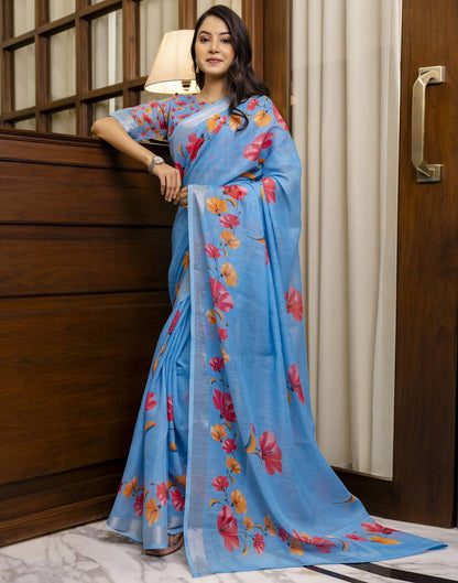 Blue Linen Floral Printed Saree