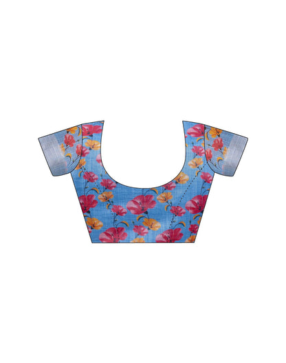 Blue Linen Floral Printed Saree