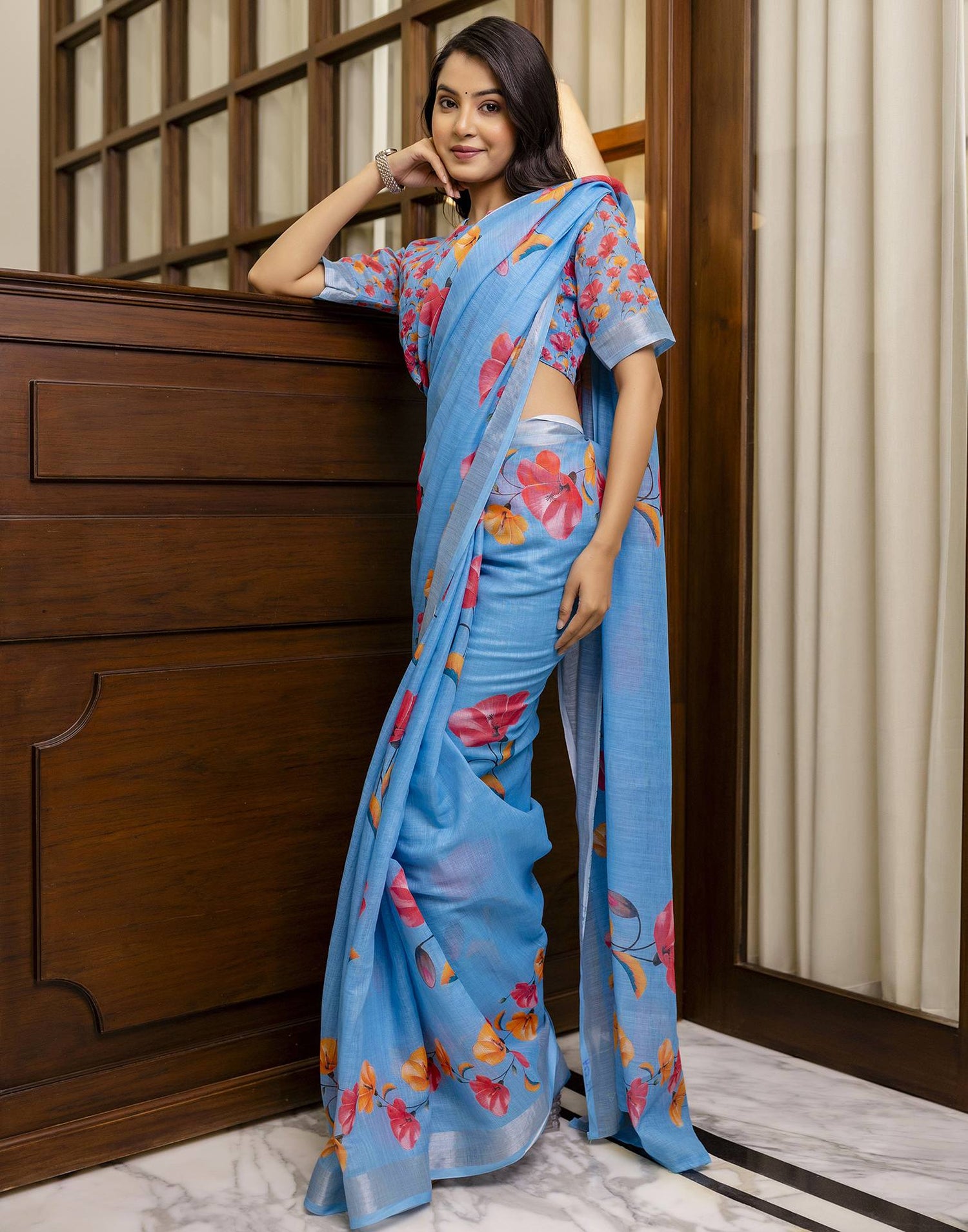 Blue Linen Floral Printed Saree