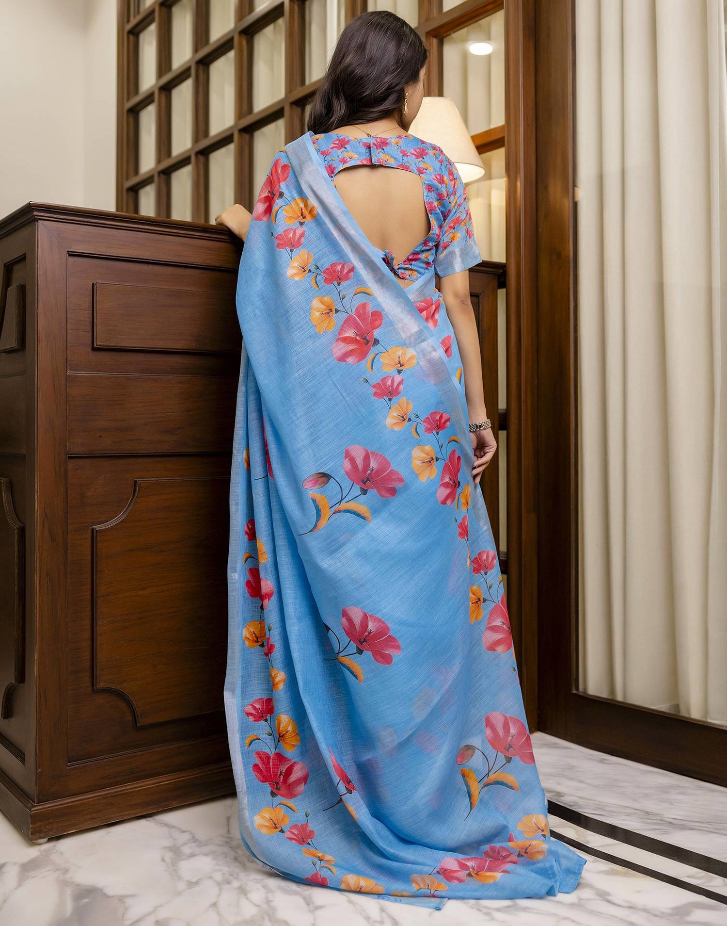 Blue Linen Floral Printed Saree