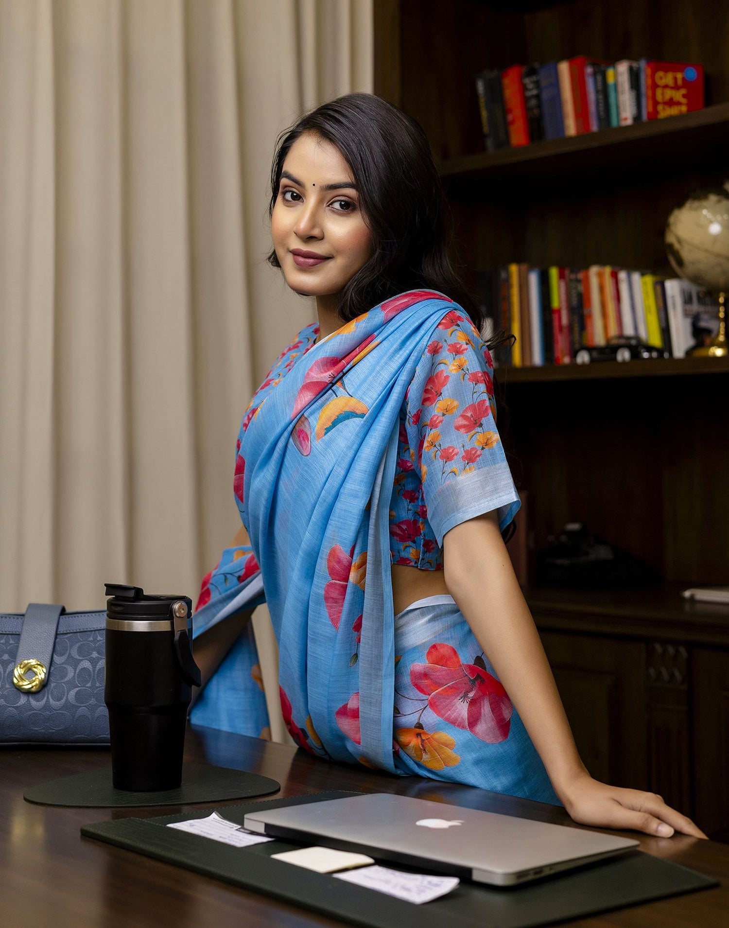 Blue Linen Floral Printed Saree