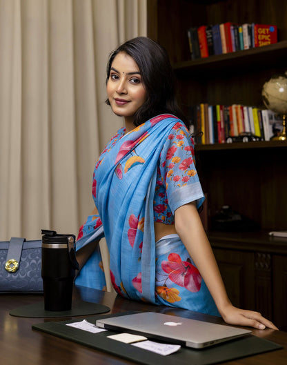 Blue Linen Floral Printed Saree