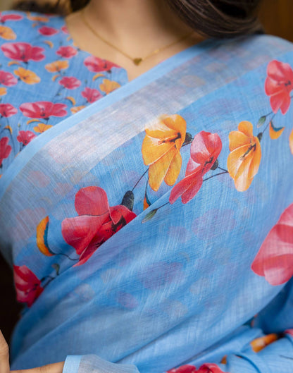 Blue Linen Floral Printed Saree