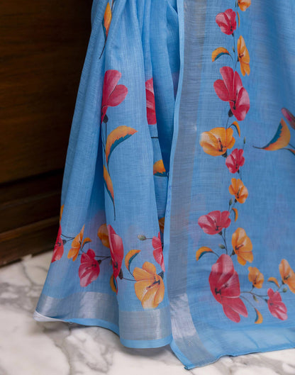 Blue Linen Floral Printed Saree