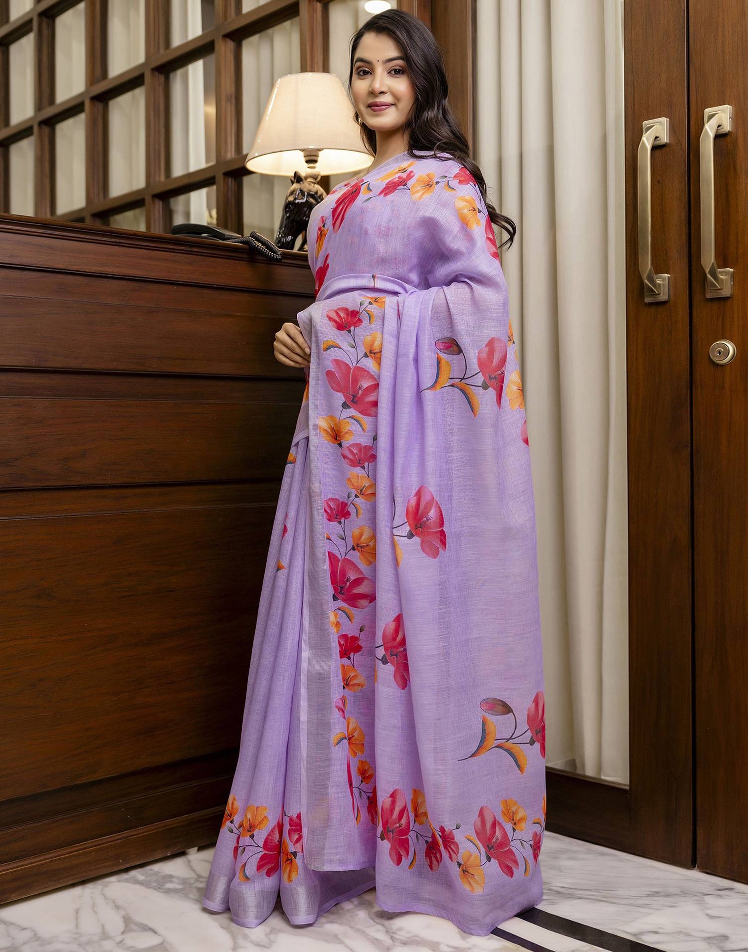 Light Purple Linen Floral Printed Saree