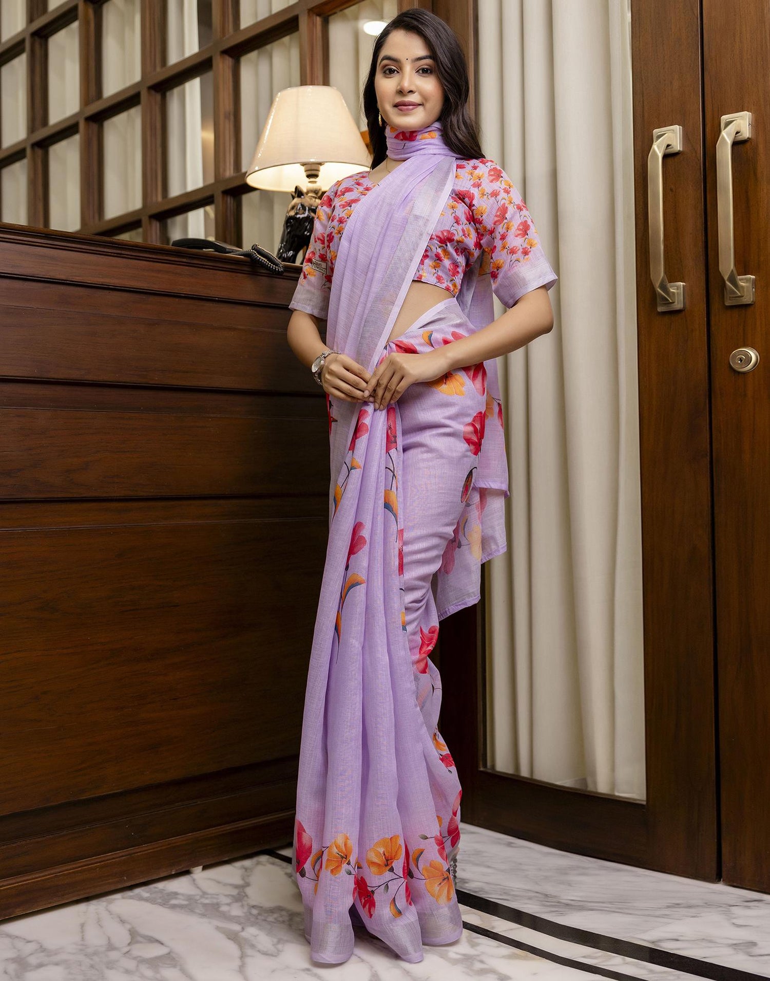 Light Purple Linen Floral Printed Saree