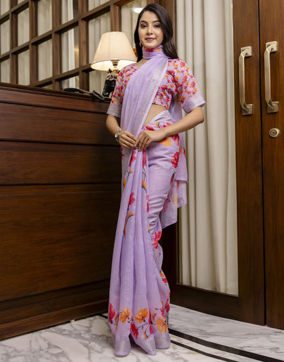 Light Purple Linen Floral Printed Saree
