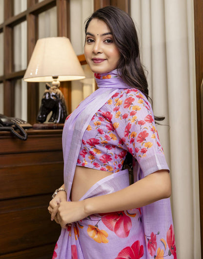 Light Purple Linen Floral Printed Saree