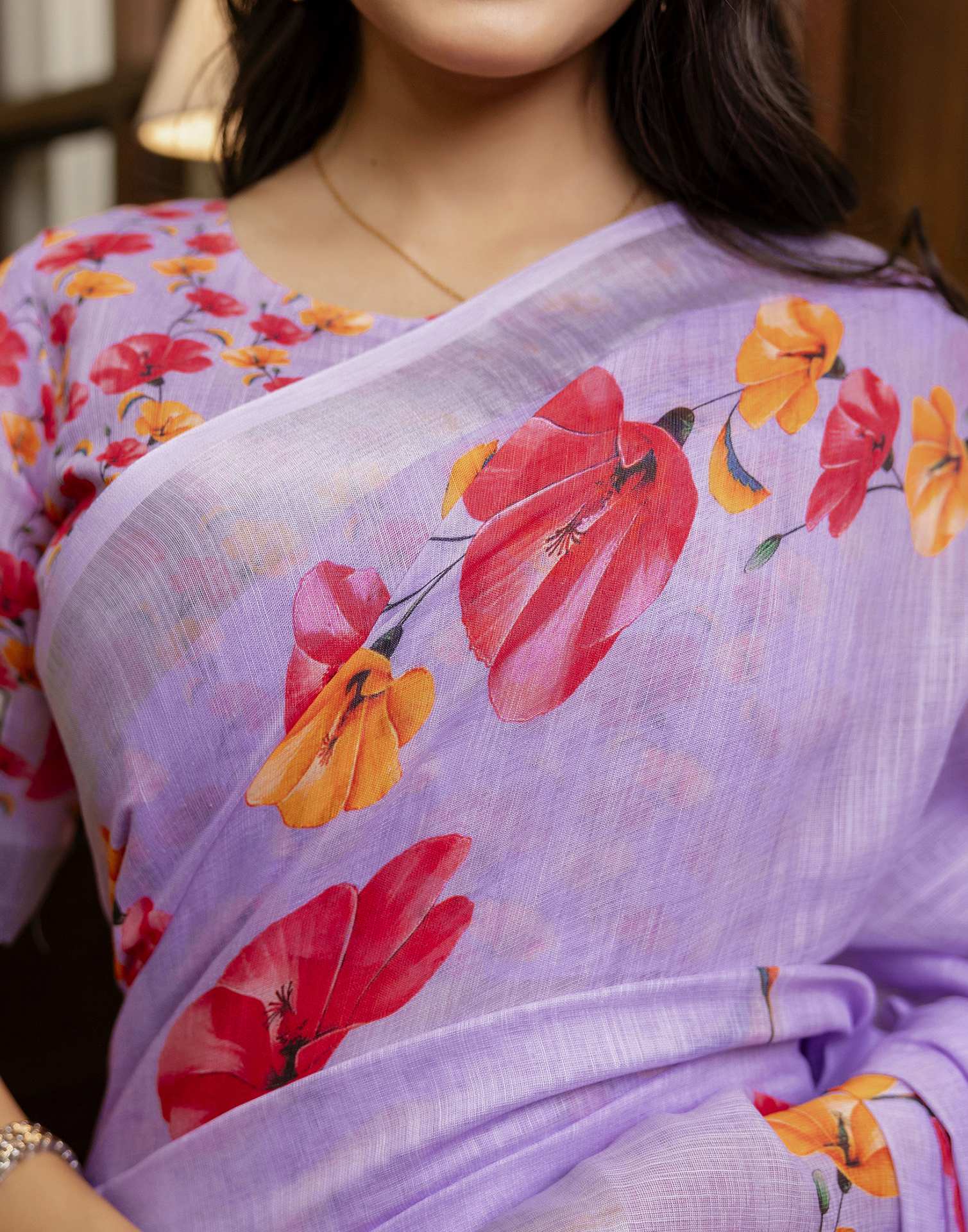 Light Purple Linen Floral Printed Saree