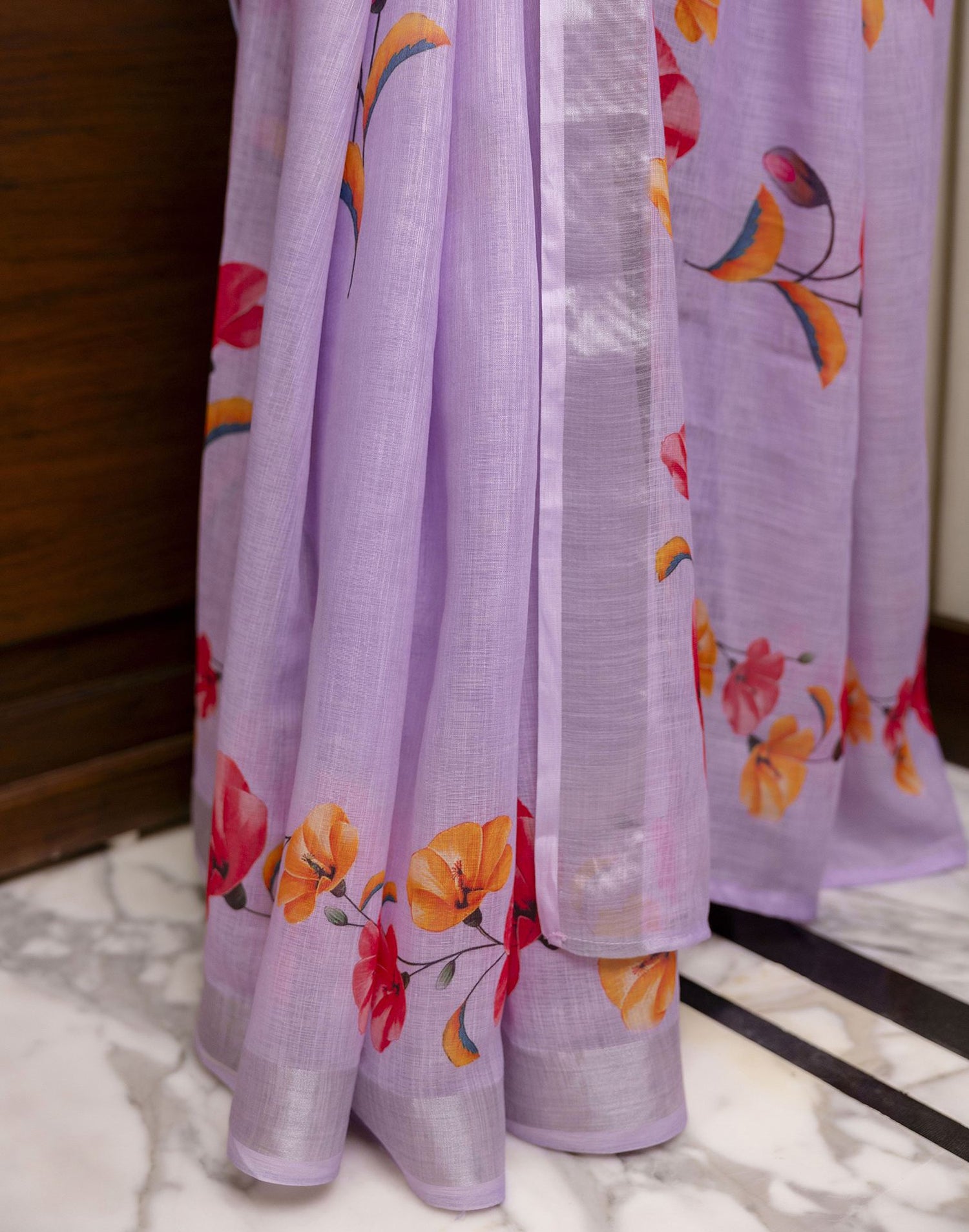 Light Purple Linen Floral Printed Saree