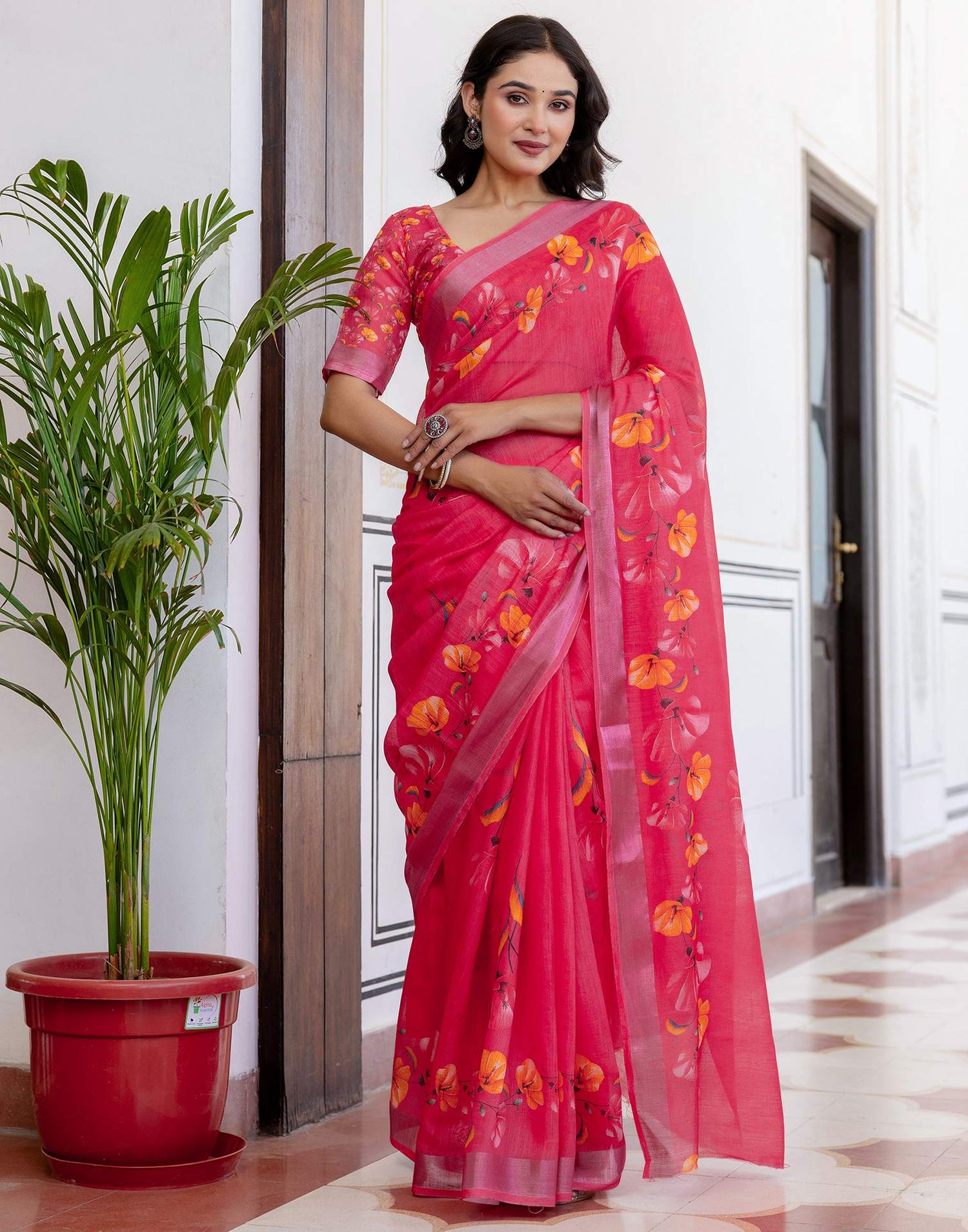 Punch Pink Linen Floral Printed  Saree