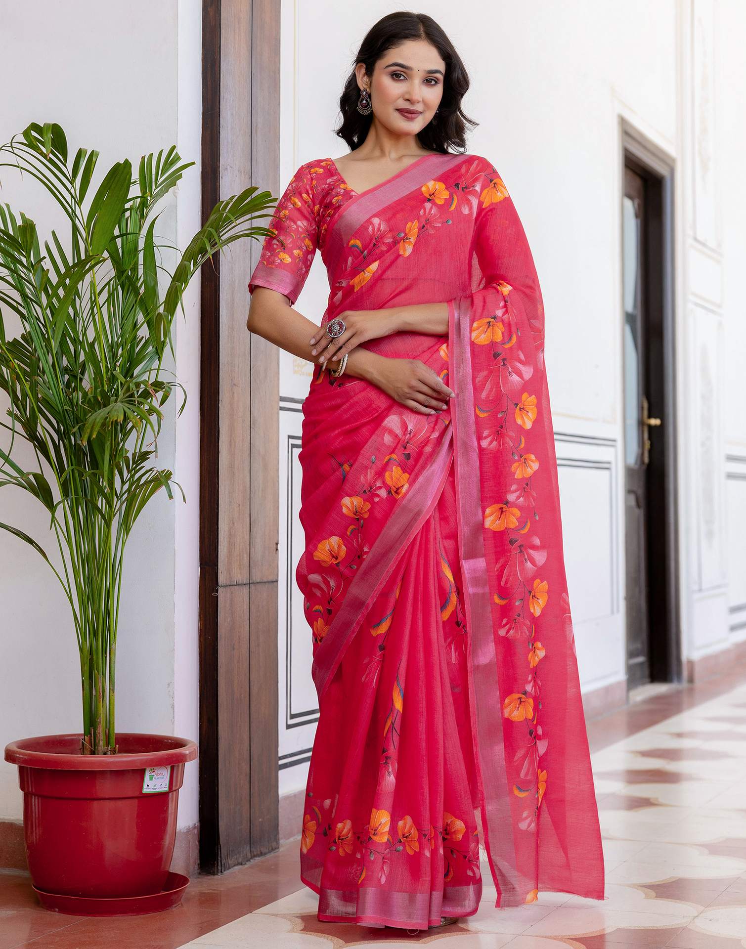 Punch Pink Linen Floral Printed  Saree