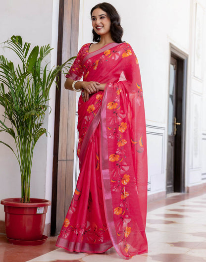 Punch Pink Linen Floral Printed  Saree