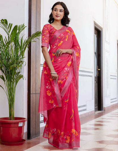 Punch Pink Linen Floral Printed  Saree