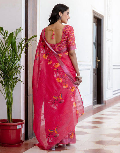 Punch Pink Linen Floral Printed  Saree