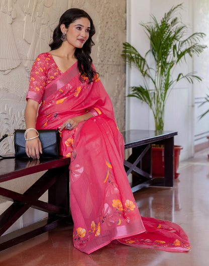 Punch Pink Linen Floral Printed  Saree