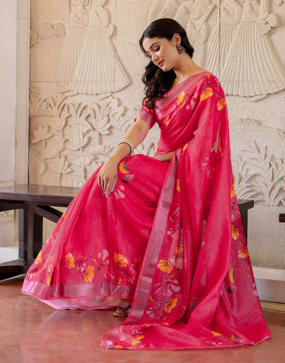 Punch Pink Linen Floral Printed  Saree
