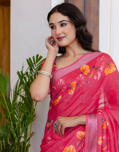 Punch Pink Linen Floral Printed  Saree