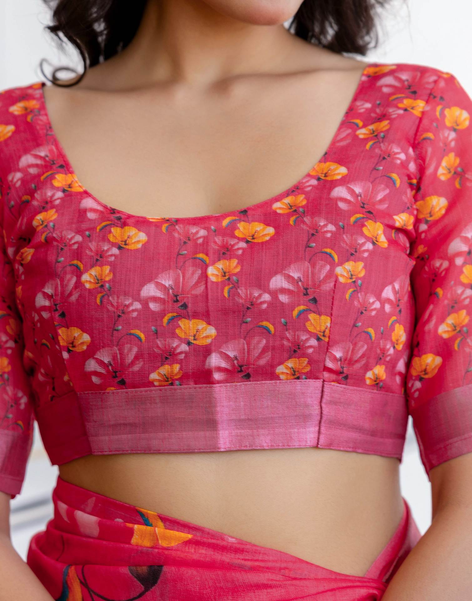 Punch Pink Linen Floral Printed  Saree