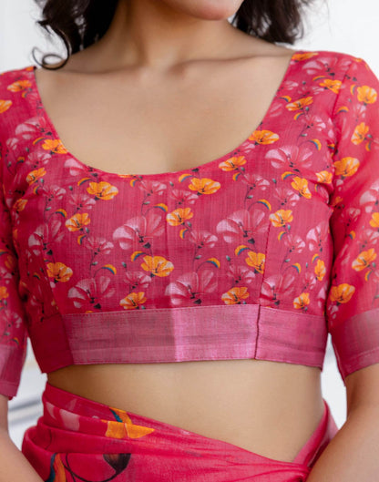 Punch Pink Linen Floral Printed  Saree
