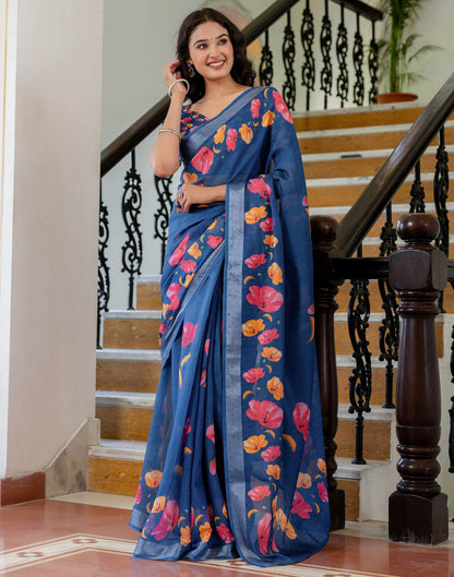 Dark Blue Linen Floral Printed  Saree