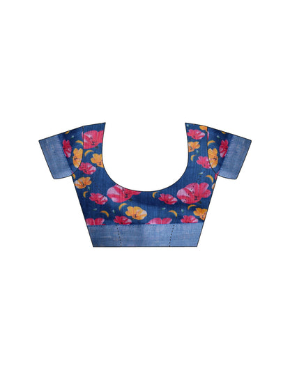 Dark Blue Linen Floral Printed  Saree
