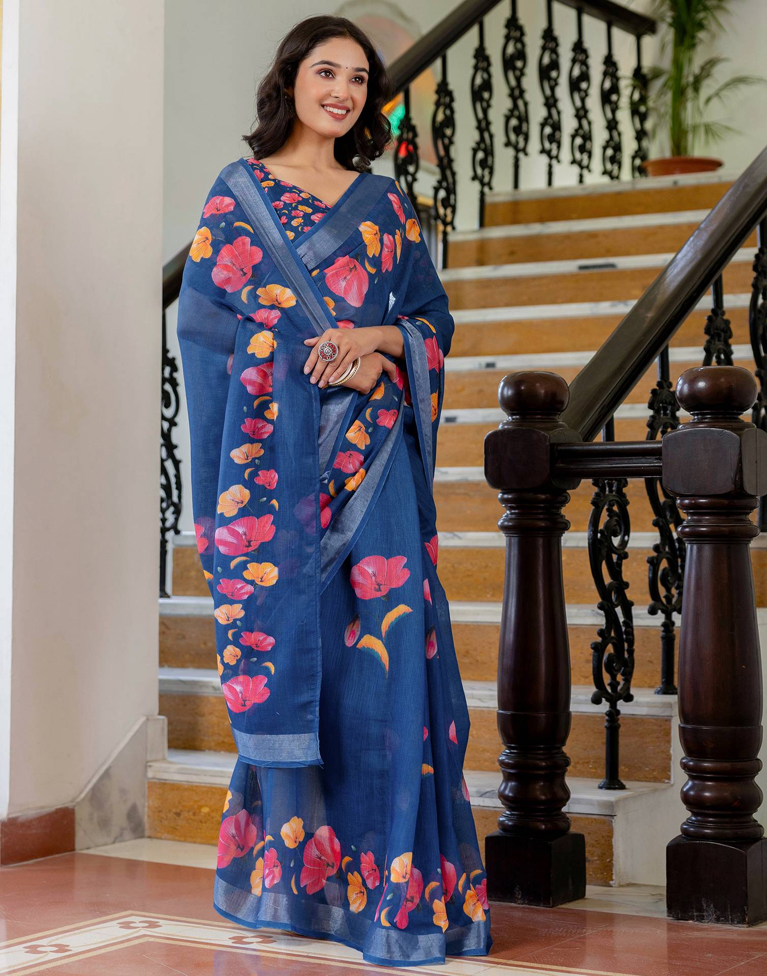 Dark Blue Linen Floral Printed  Saree