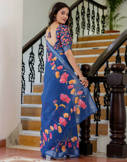 Dark Blue Linen Floral Printed  Saree