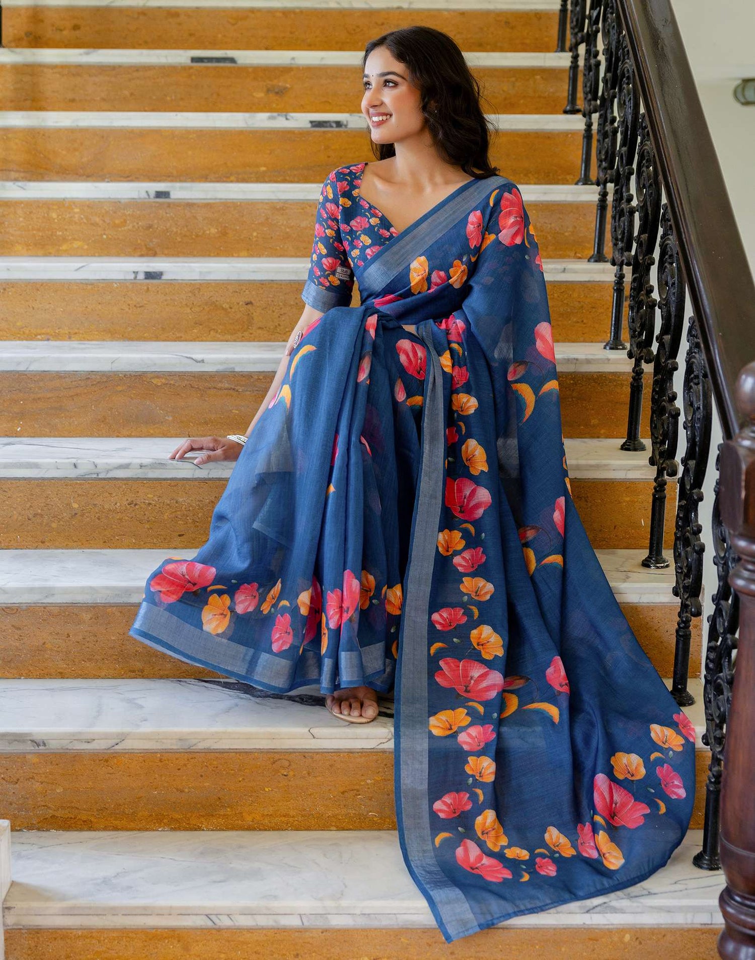 Dark Blue Linen Floral Printed  Saree