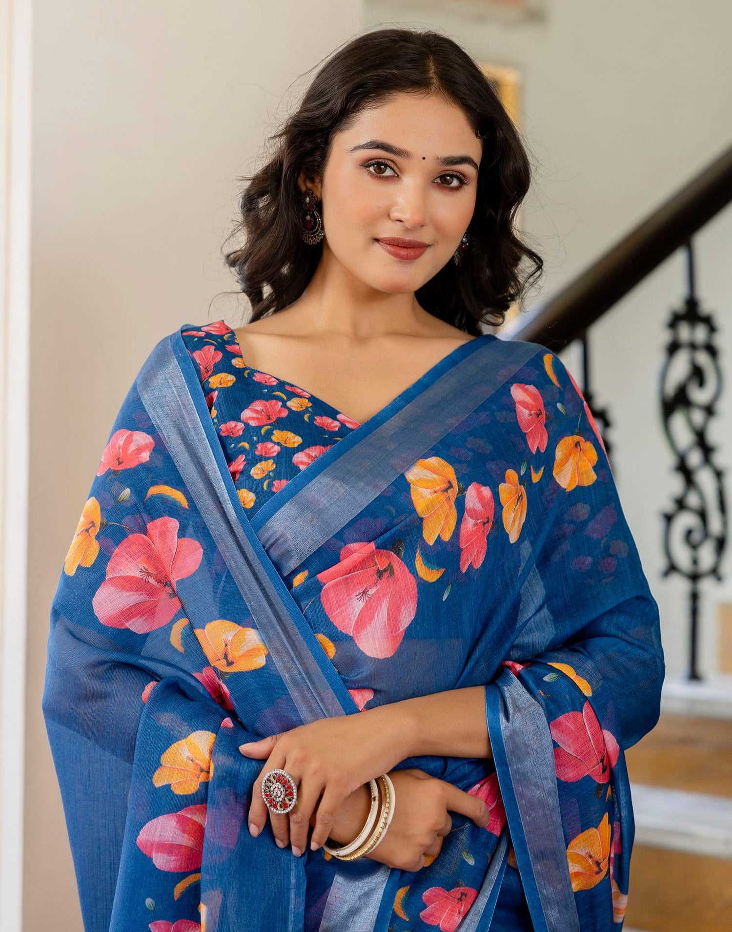 Dark Blue Linen Floral Printed  Saree