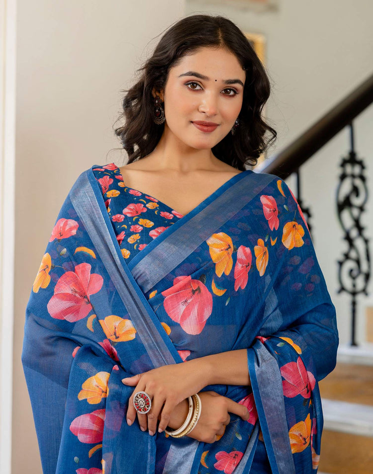 Dark Blue Linen Floral Printed  Saree