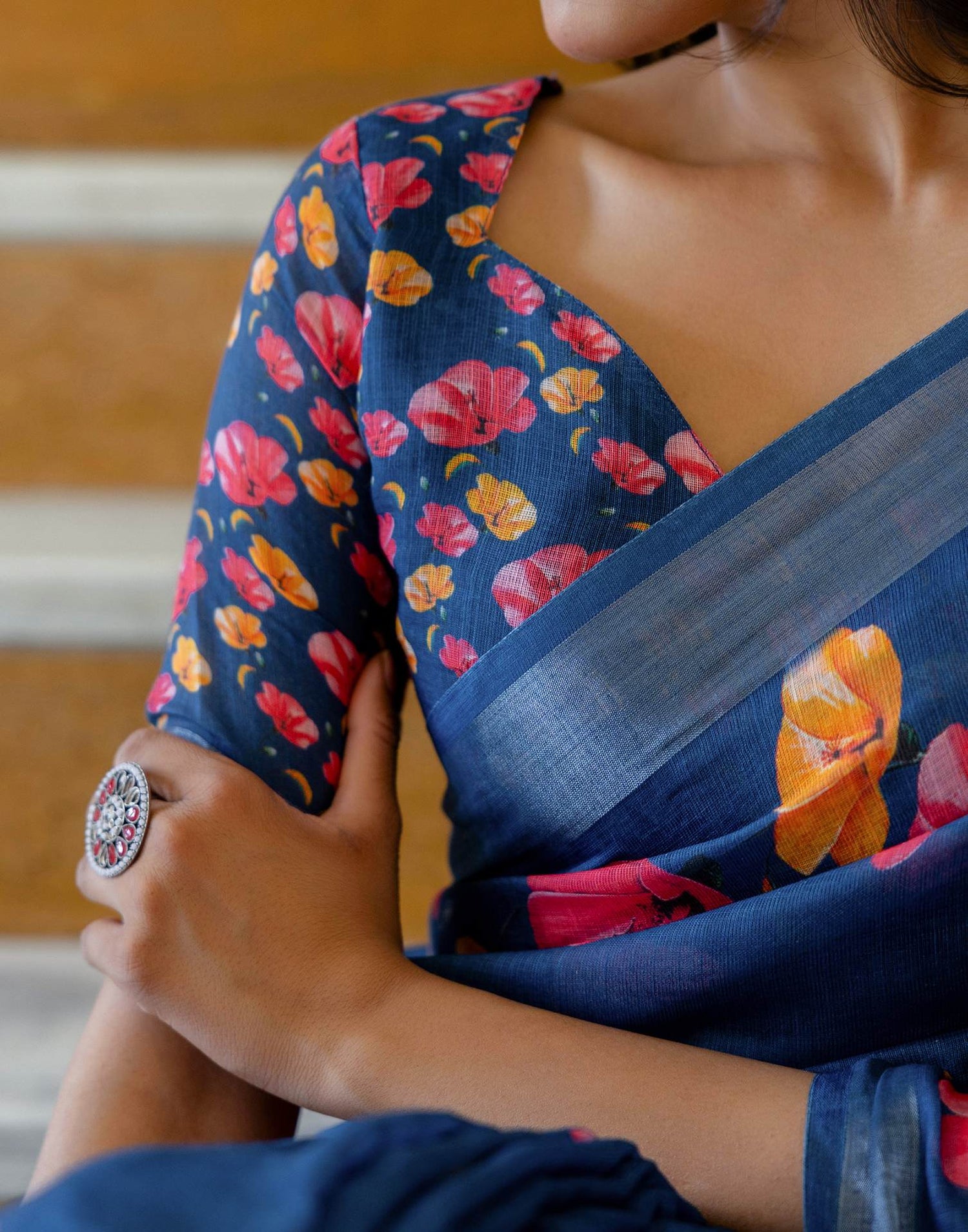 Dark Blue Linen Floral Printed  Saree